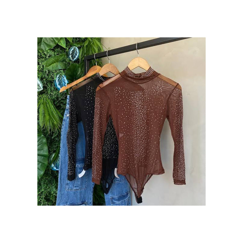 Body Marrom com Brilho e Pedrarias | Strass Elegante | Atacado disponível