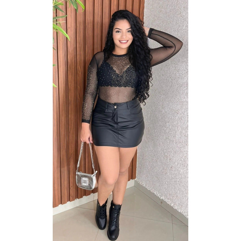 Body Feminino Em Tule Com Brilho Manga Longa - Festa/noite