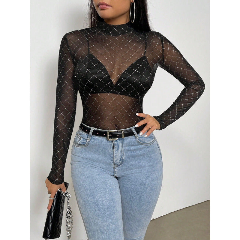 Body Tule Transparente com Strass/Pedraria Xadrez – Feminino, Manga Longa, Segunda Pele – Tamanho Único (veste P ao G) – Preto