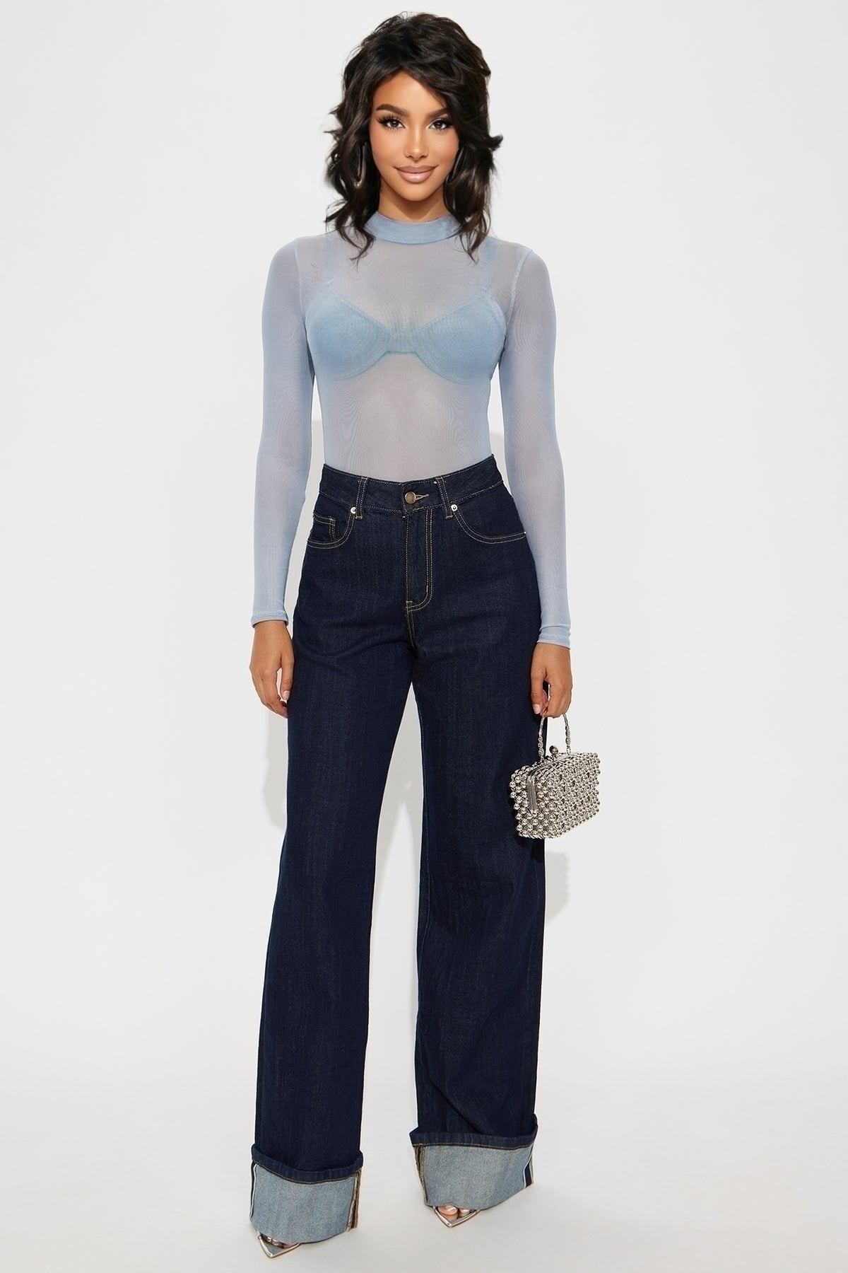 Body Tule Azul Claro – Manga Longa, Segunda Pele Translúcida, Conforto Extensível – Tam. Único (36–42 | P–G)