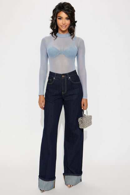 Body Tule Azul Claro – Manga Longa, Segunda Pele Translúcida, Conforto Extensível – Tam. Único (36–42 | P–G)