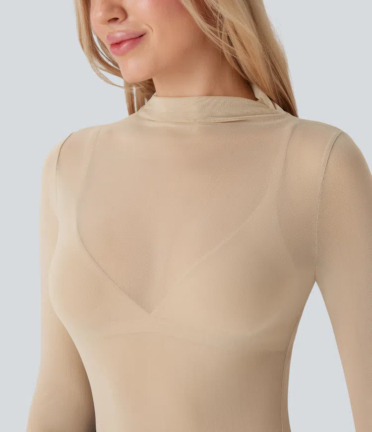 Body Tule Liso Bege | Segunda Pele  Transparente |  Manga Longa |  Versátil &  Elegante