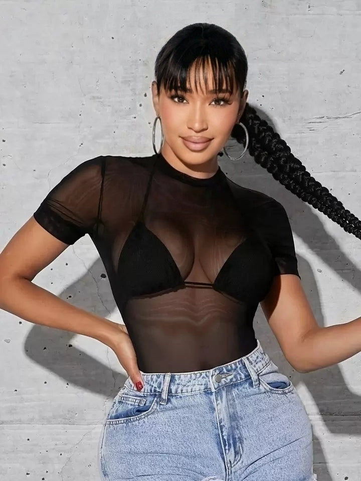 Body Tule Preto — Manga Curta