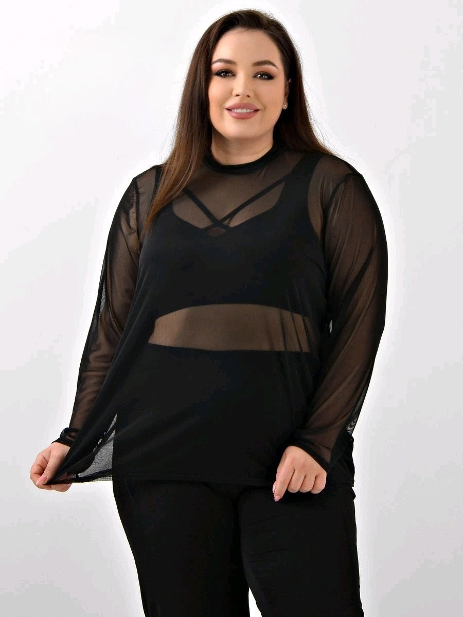 Blusa Feminina Tule Transparente Manga Longa Plus Size  Tam Único GG