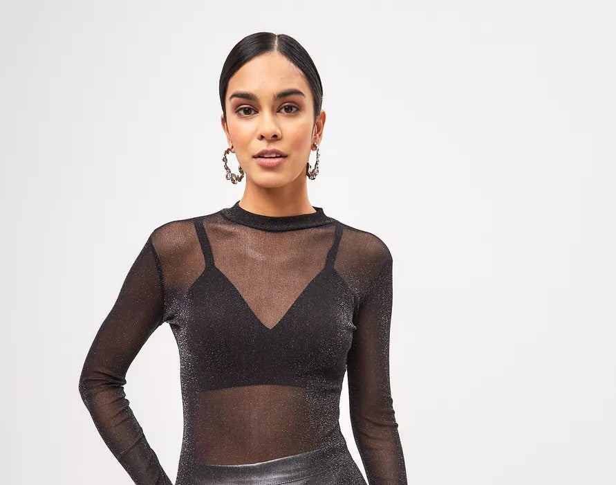 Body de Tule Lurex – Manga Longa, Brilho Fino, Super Elástico | Tamanho Único (veste do P ao GG)