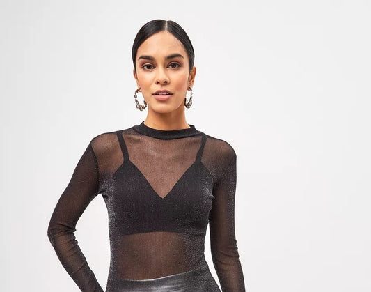 Body de Tule Lurex – Manga Longa, Brilho Fino, Super Elástico | Tamanho Único (veste do P ao GG)