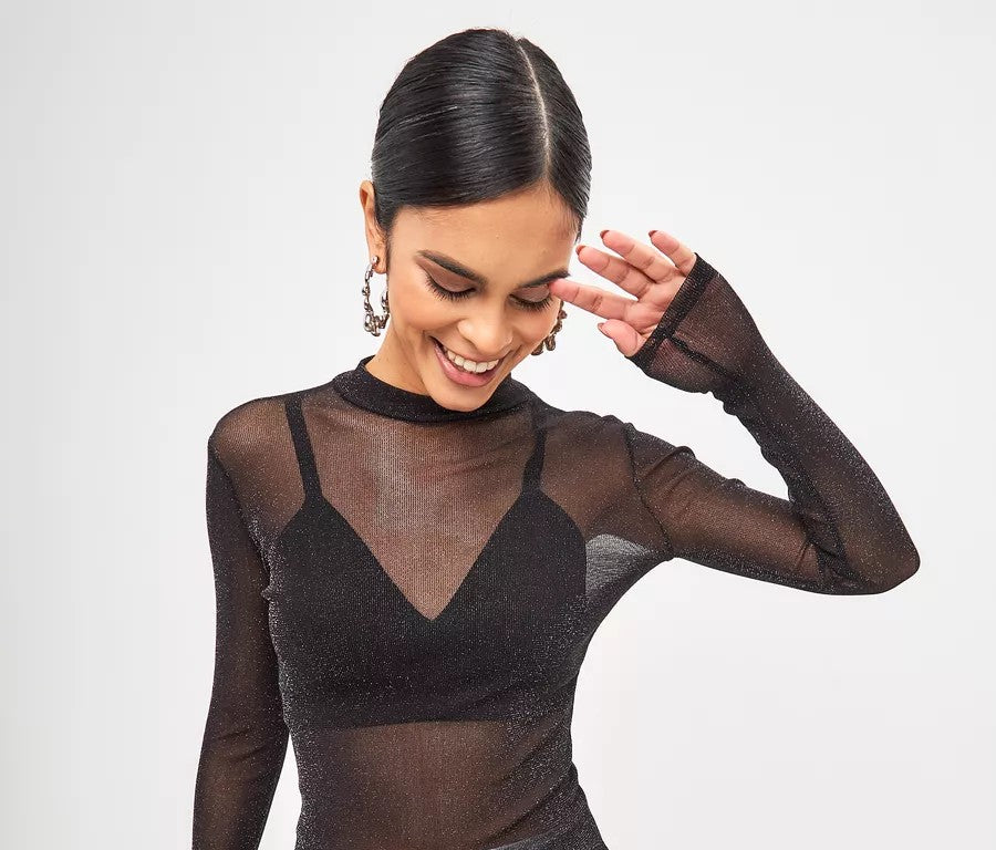 Body de Tule Lurex – Manga Longa, Brilho Fino, Super Elástico | Tamanho Único (veste do P ao GG)