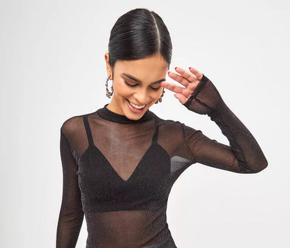 Body de Tule Lurex – Manga Longa, Brilho Fino, Super Elástico | Tamanho Único (veste do P ao GG)