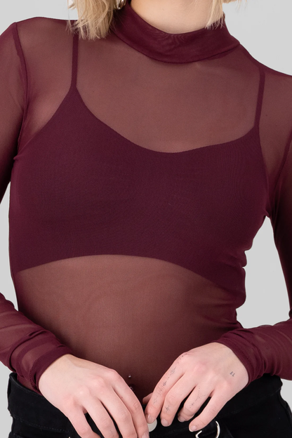 Body Tule Liso Vinho Clássico (Bordô/Marsala) – Manga Longa, Segunda Pele Fluida com Elasticidade 360° – Único (36–42 | P a G)