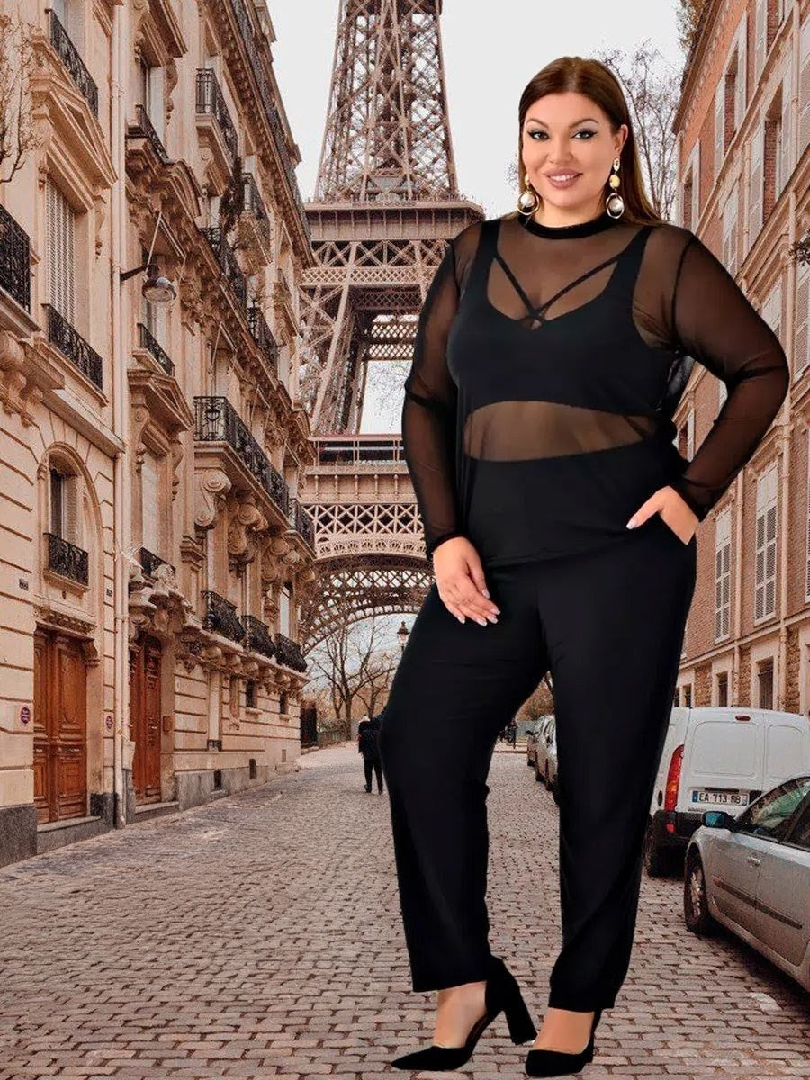 Blusa Feminina Tule Transparente Manga Longa Plus Size  Tam Único GG