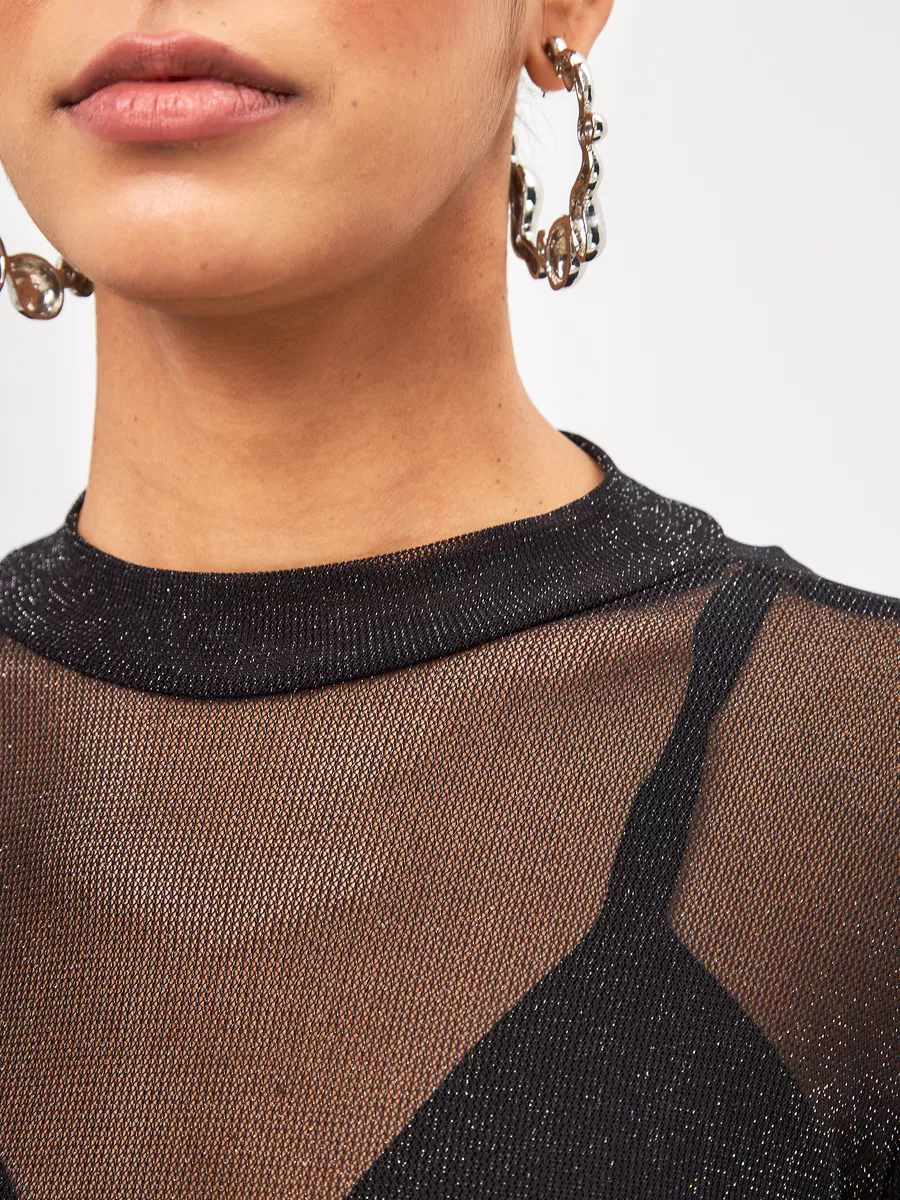 Body de Tule Lurex – Manga Longa, Brilho Fino, Super Elástico | Tamanho Único (veste do P ao GG)