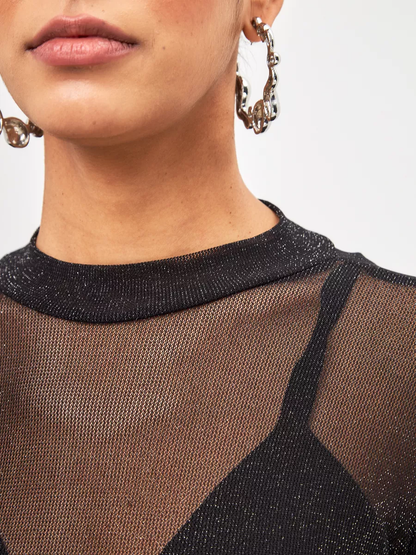 Body de Tule Lurex – Manga Longa, Brilho Fino, Super Elástico | Tamanho Único (veste do P ao GG)