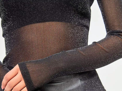 Body de Tule Lurex – Manga Longa, Brilho Fino, Super Elástico | Tamanho Único (veste do P ao GG)