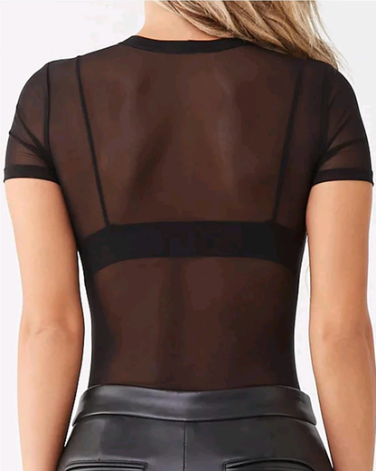 Body de Tule Telado Preto M/C — Transparente, Malha Fria Confort, Ajuste Anatômico | Único 36–40 (P a M)