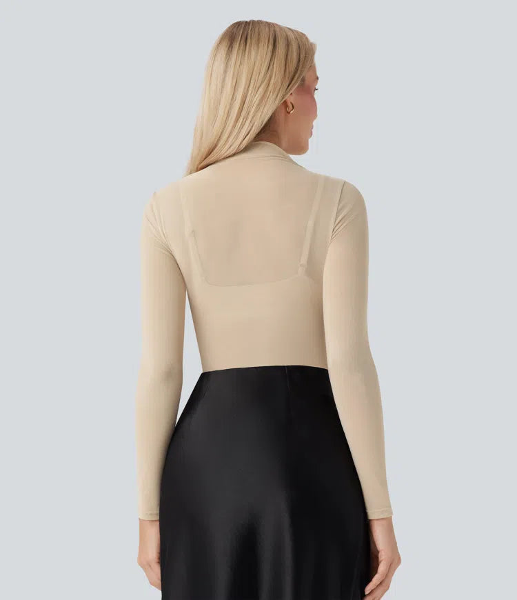 Body Tule Liso Bege | Segunda Pele  Transparente |  Manga Longa |  Versátil &  Elegante