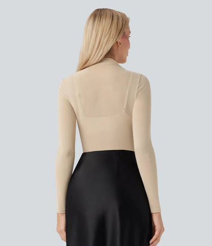 Body Tule Liso Bege | Segunda Pele  Transparente |  Manga Longa |  Versátil &  Elegante