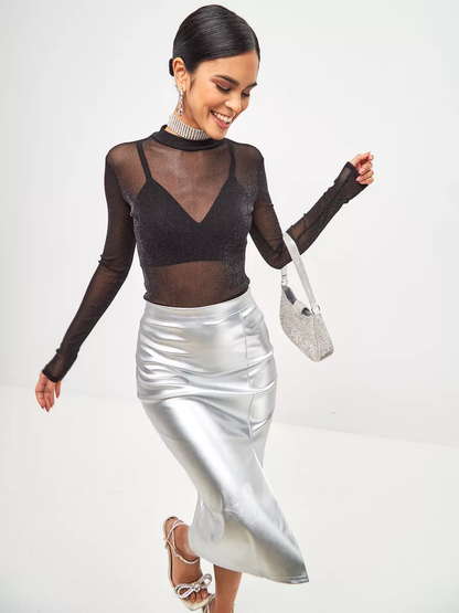 Body de Tule Lurex – Manga Longa, Brilho Fino, Super Elástico | Tamanho Único (veste do P ao GG)