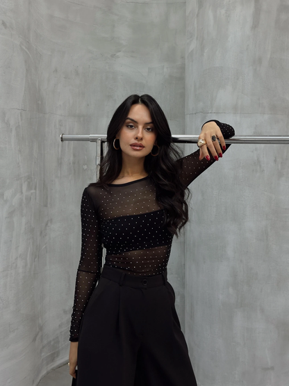 Body Tule Preto com Strass – Manga Longa, Brilho Elegante, Segunda Pele Transparente – Tamanho Único (veste P–G)