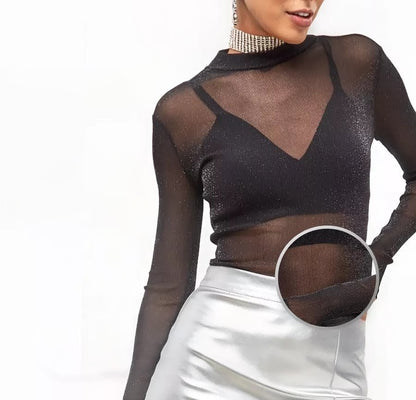 Body de Tule Lurex – Manga Longa, Brilho Fino, Super Elástico | Tamanho Único (veste do P ao GG)