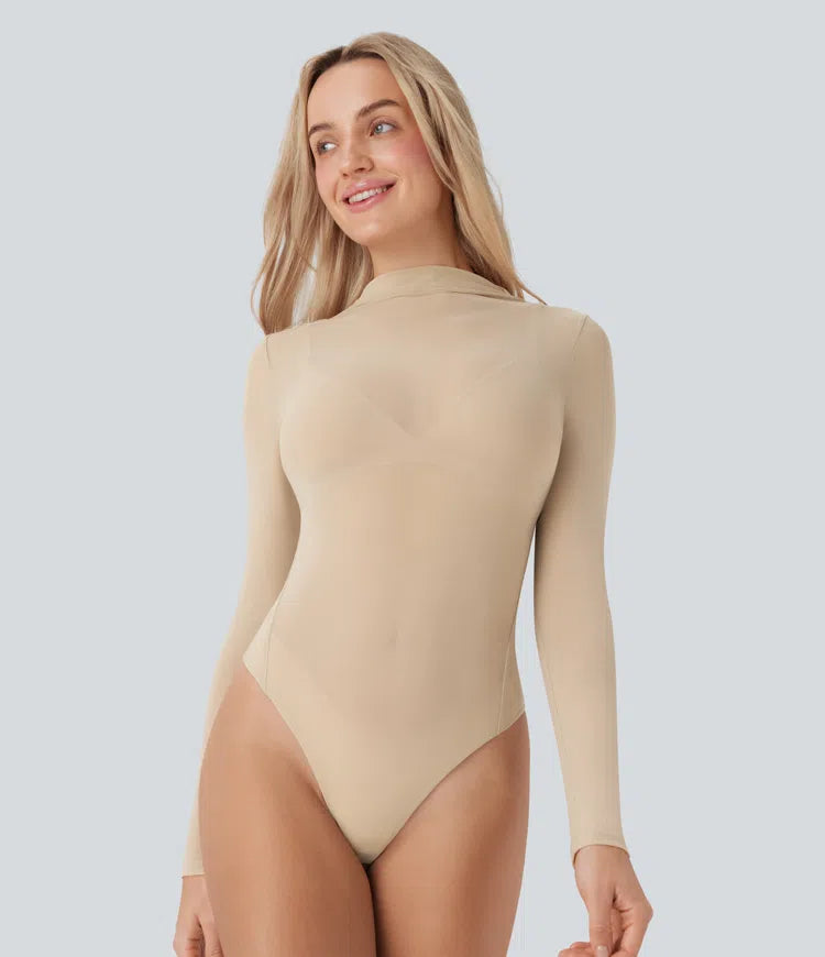 Body Tule Liso Bege | Segunda Pele  Transparente |  Manga Longa |  Versátil &  Elegante