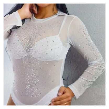 Body Tule Branco com Pedraria/Strass – Feminino, Manga Longa, Segunda Pele Transparente, Tamanho Único