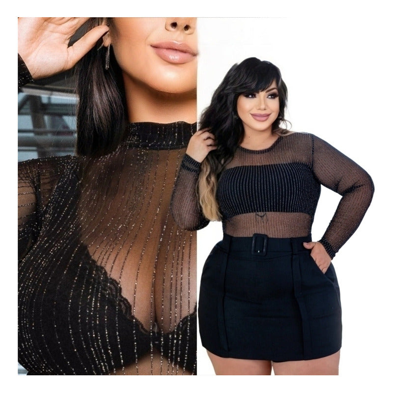 Body Listrado Com Fio Plus Size Tamanho Gg