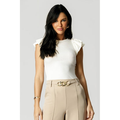 Blusa Canelada Feminina Manga Babados - Branco White Off