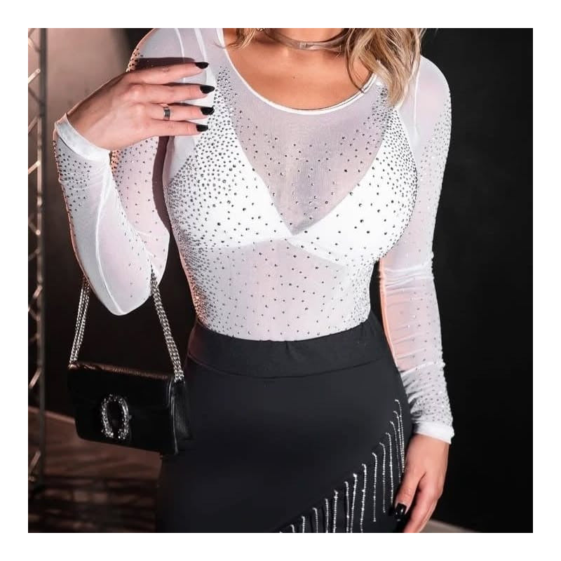 Body Pedraria Com Brilho Com Strass  Cor Branco