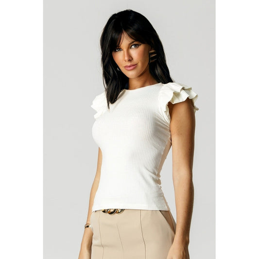 Blusa Canelada Feminina Manga Babados - Branco White Off