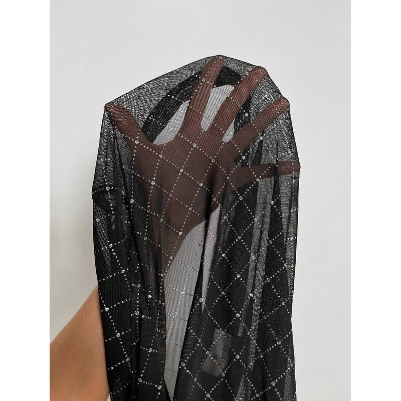 Body Tule Transparente com Strass/Pedraria Xadrez – Feminino, Manga Longa, Segunda Pele – Tamanho Único (veste P ao G) – Preto