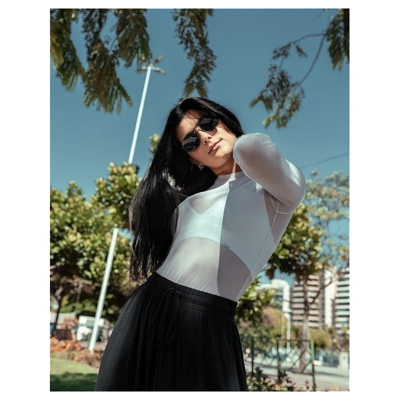 Body Feminino Tule Branco Manga Longa Liso Com Elastano