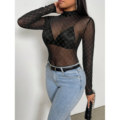Body Tule Transparente com Strass/Pedraria Xadrez – Feminino, Manga Longa, Segunda Pele – Tamanho Único (veste P ao G) – Preto