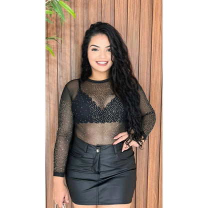 Body Feminino Em Tule Com Brilho Manga Longa - Festa/noite
