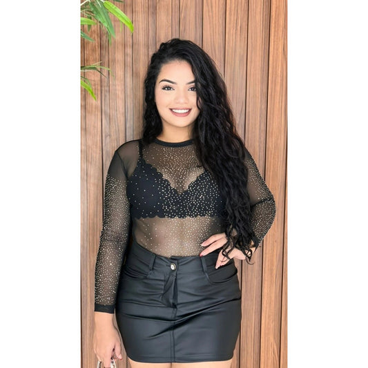 Body Feminino Em Tule Com Brilho Manga Longa - Festa/noite