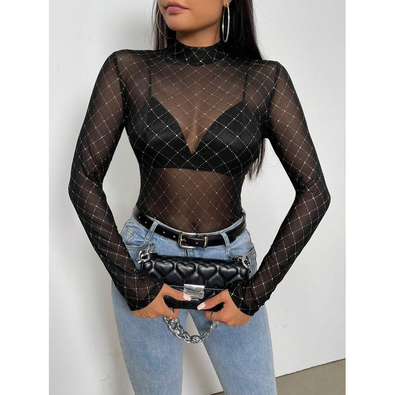 Body Tule Transparente com Strass/Pedraria Xadrez – Feminino, Manga Longa, Segunda Pele – Tamanho Único (veste P ao G) – Preto