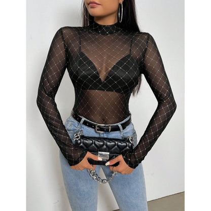 Body Tule Transparente com Strass/Pedraria Xadrez – Feminino, Manga Longa, Segunda Pele – Tamanho Único (veste P ao G) – Preto