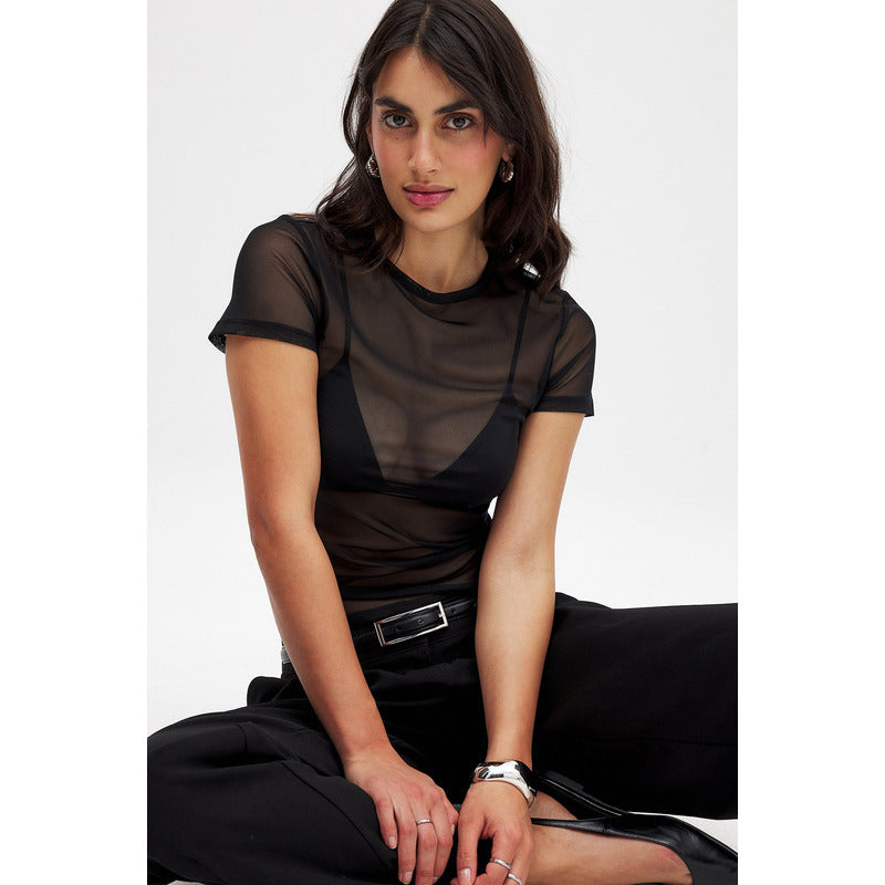 Blusa de tule Liso Preto Básica Manga Curta Verão De Tule