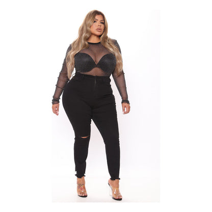 Body Tule Lurex Plus Size Feminino Manga Longa Segunda Pele Transparente Brilho - Preto