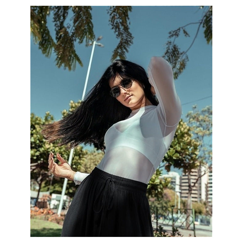 Body Feminino Tule Branco Manga Longa Liso Com Elastano