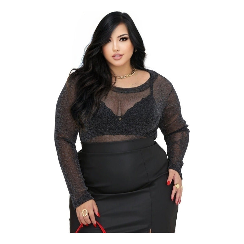 Body Tule Lurex Plus Size Feminino Manga Longa Segunda Pele Transparente Brilho - Preto