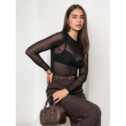 Body de Tule Liso Preto Feminino Manga Longa, Segunda Pele Transparente - Tamanho Único (veste Pao G)