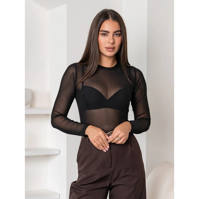 Body de Tule Liso Preto Feminino Manga Longa, Segunda Pele Transparente - Tamanho Único (veste Pao G)