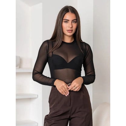 Body de Tule Liso Preto Feminino Manga Longa, Segunda Pele Transparente - Tamanho Único (veste Pao G)