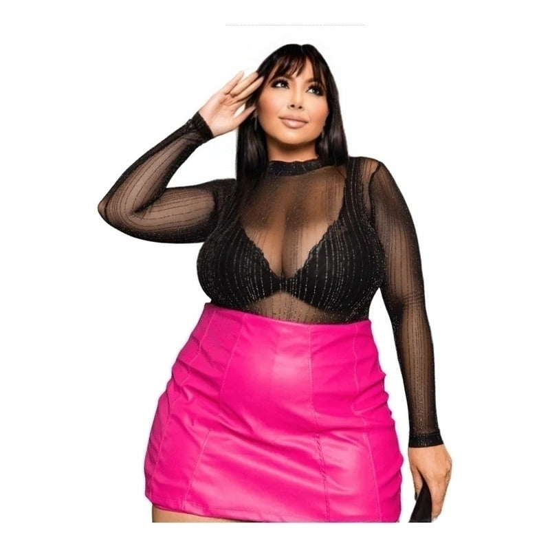 Body de Tule com Fio Lurex Listrado - Preto | Brilho Elegante, Manga Longa, Plus Size GG
