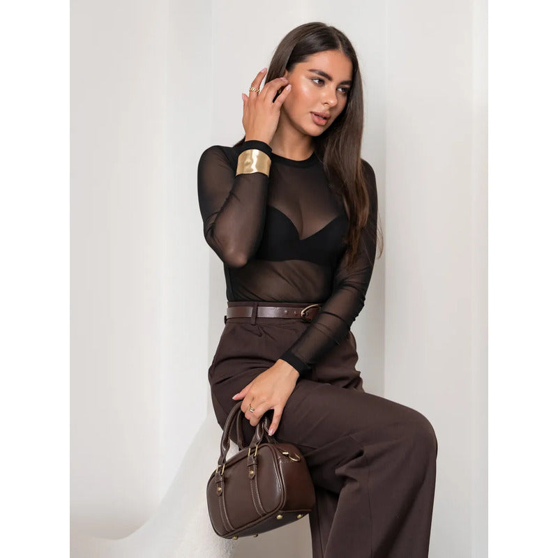 Body de Tule Liso Preto Feminino Manga Longa, Segunda Pele Transparente - Tamanho Único (veste Pao G)