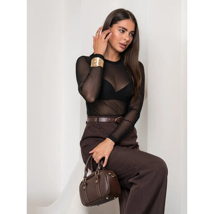 Body de Tule Liso Preto Feminino Manga Longa, Segunda Pele Transparente - Tamanho Único (veste Pao G)