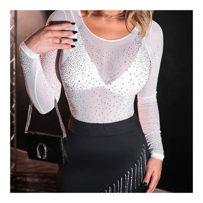Body Tule Branco com Pedraria/Strass – Feminino, Manga Longa, Segunda Pele Transparente, Tamanho Único