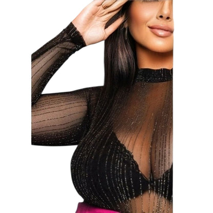 Body de Tule com Fio Lurex Listrado - Preto | Brilho Elegante, Manga Longa, Plus Size GG