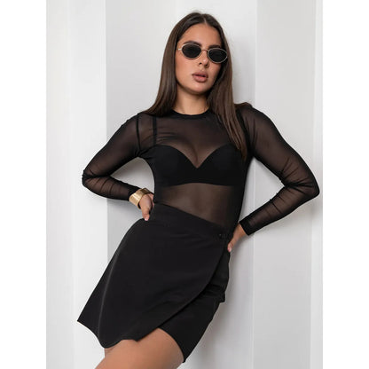 Body de Tule Liso Preto Feminino Manga Longa, Segunda Pele Transparente - Tamanho Único (veste Pao G)