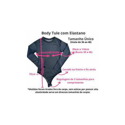 Body de Tule Liso Preto Feminino Manga Longa, Segunda Pele Transparente - Tamanho Único (veste Pao G)
